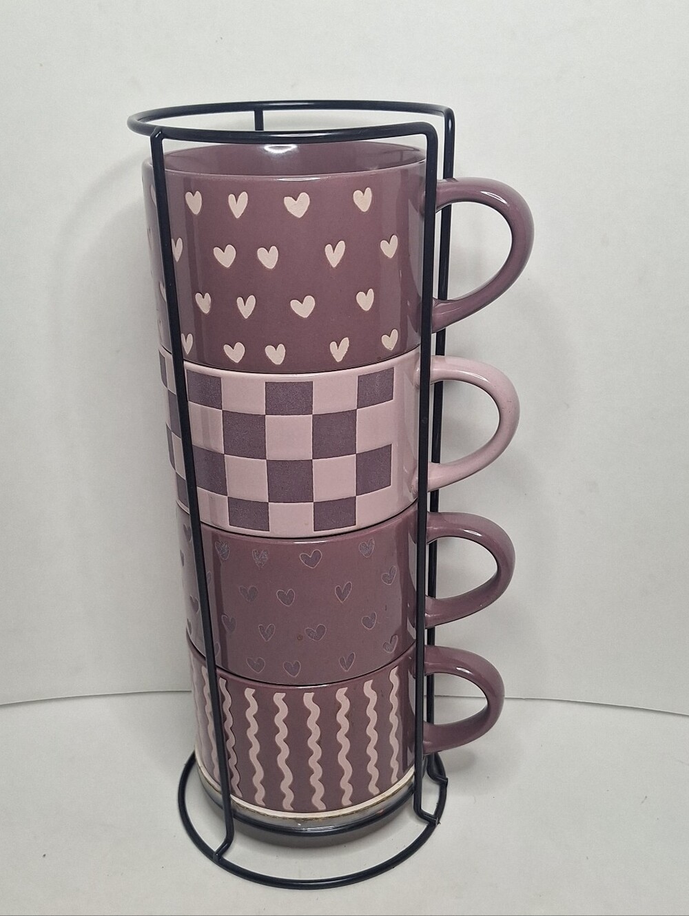 Thyme & Table Ceramic Stoneware Purple Pink Stackable Heart Coffee Mug Set
